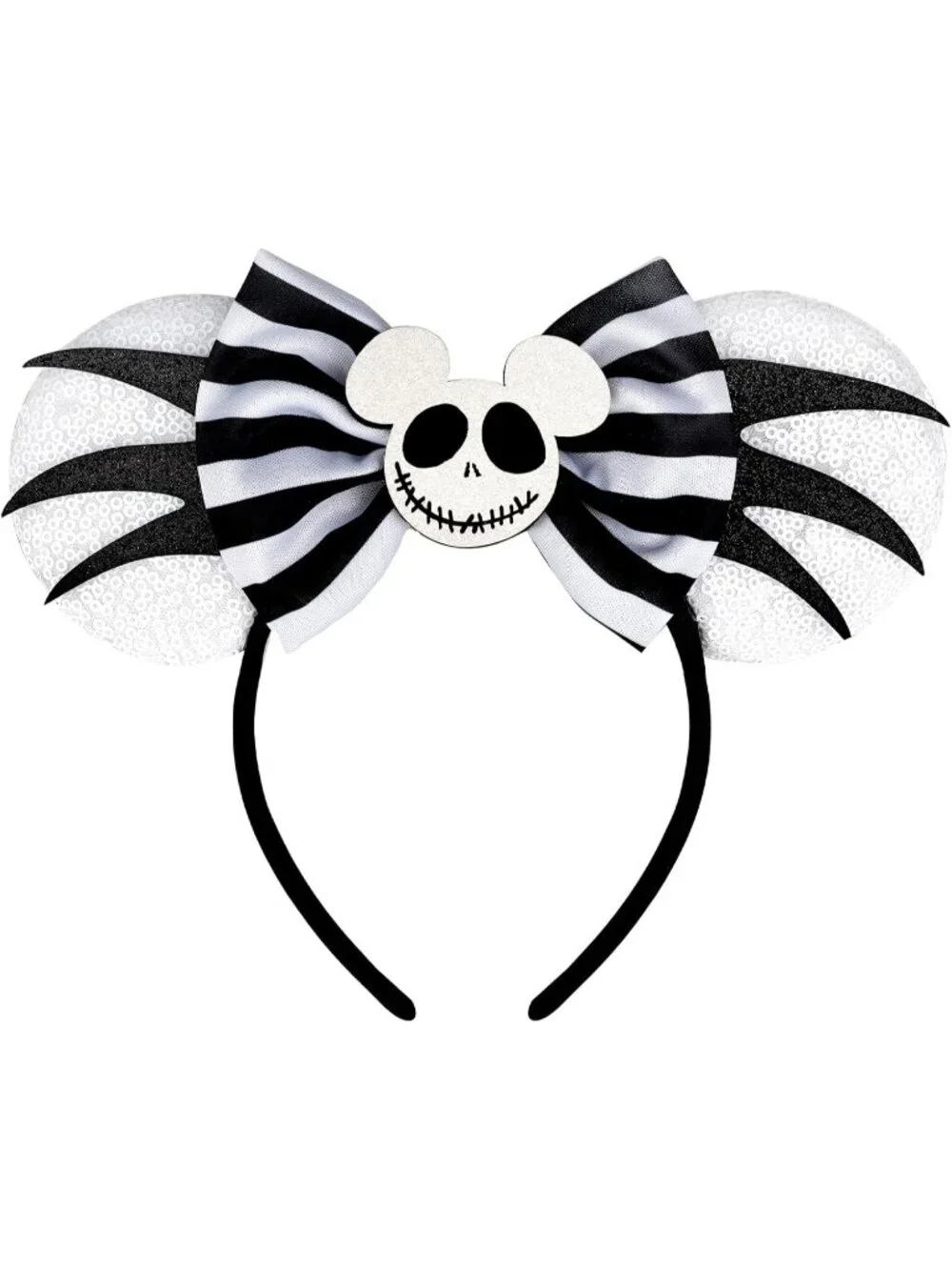 Women Black White Sequin Handmade Mickey Mouse Headband 2 Pieces